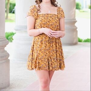 Francesca’s Blue Rain Off Shoulder Yellow Floral Cottagecore Dress Size Medium